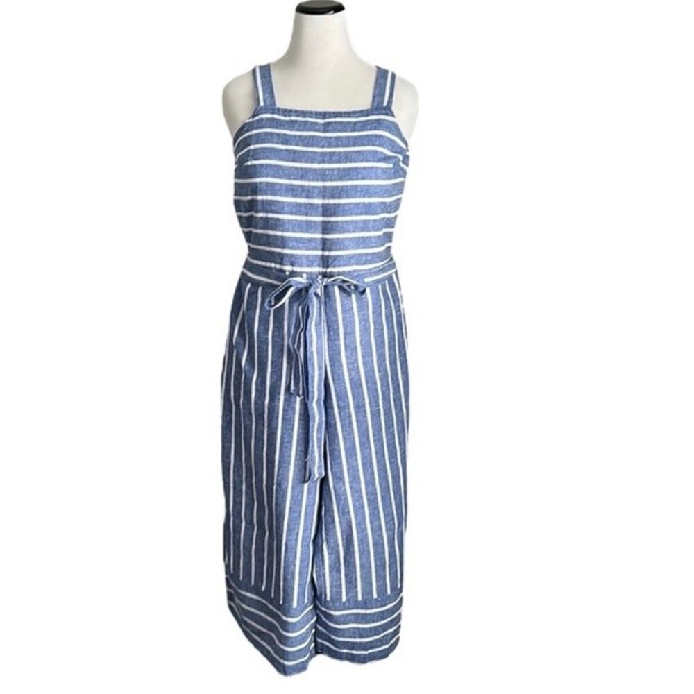 BeachLunchLounge Women’s Linen Cotton Blend Striped Blue Jumpsuit Size S